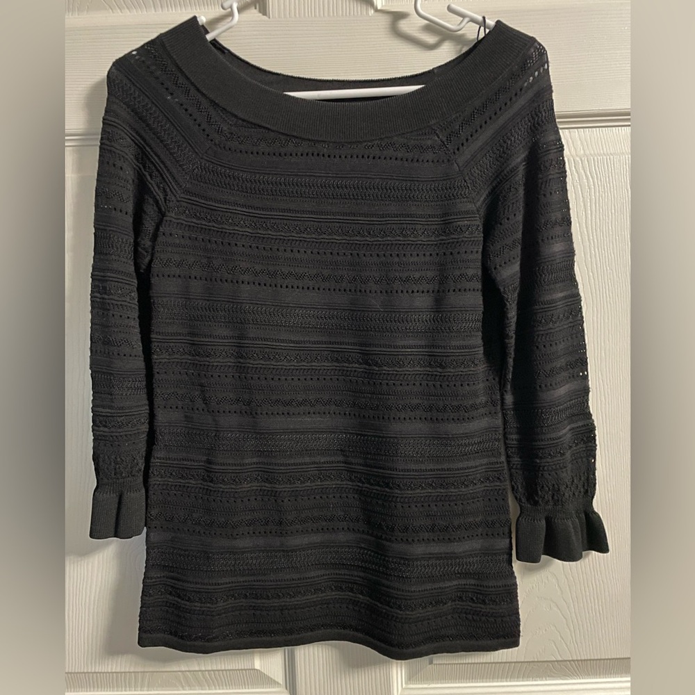 White House Black Market Black Pointelle Knit Ruffle Cuff Top XS